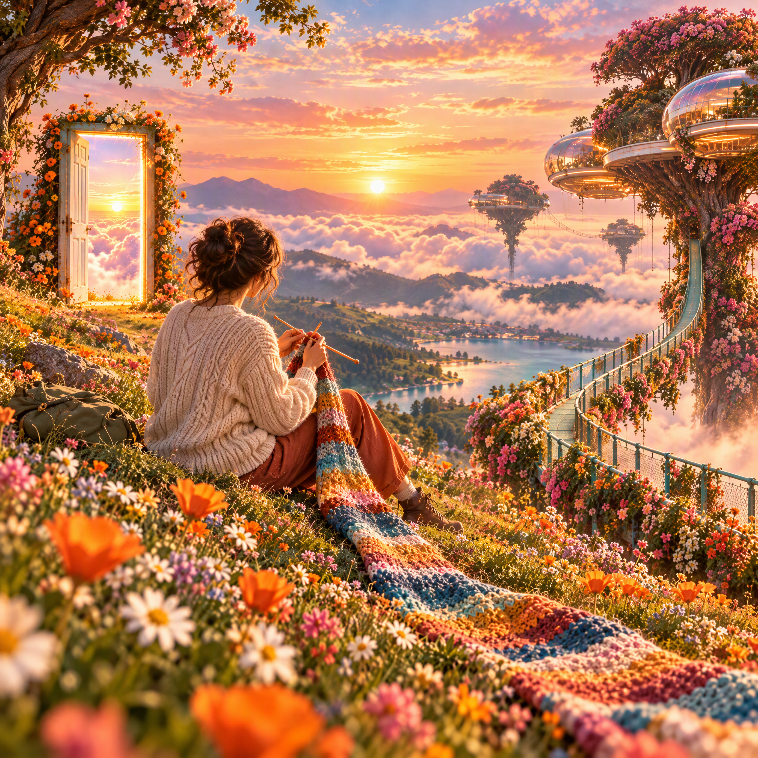 A person knits a striped blanket among flowers above a sunlit valley and suspended tree homes.