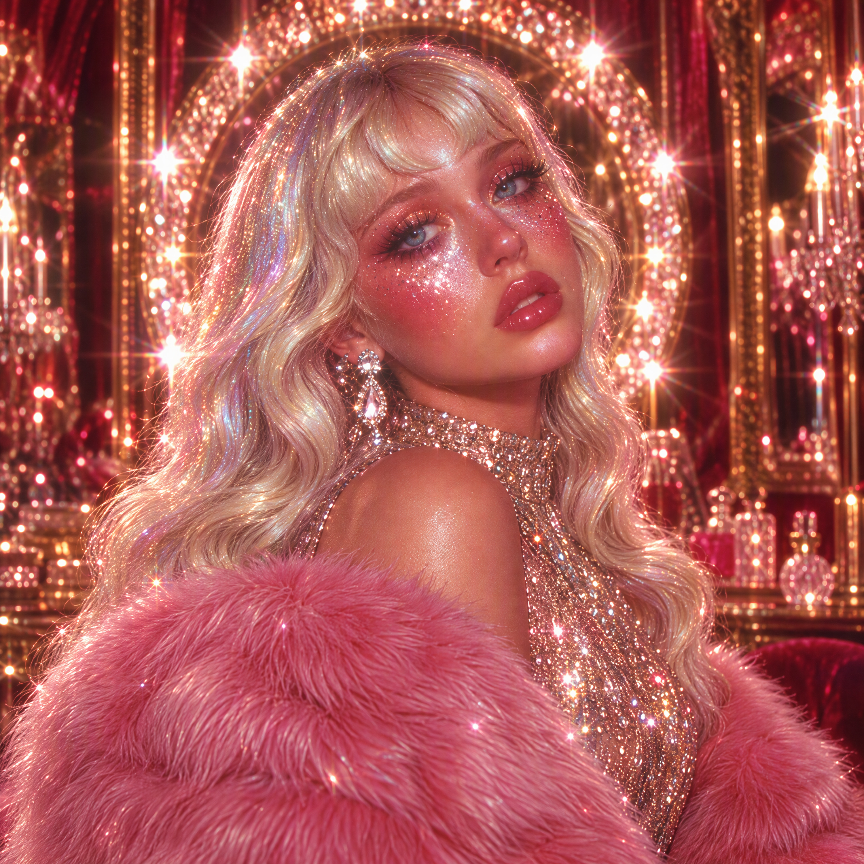 A woman in a sparkling evening dress and pink faux-fur coat framed by a crystal halo.