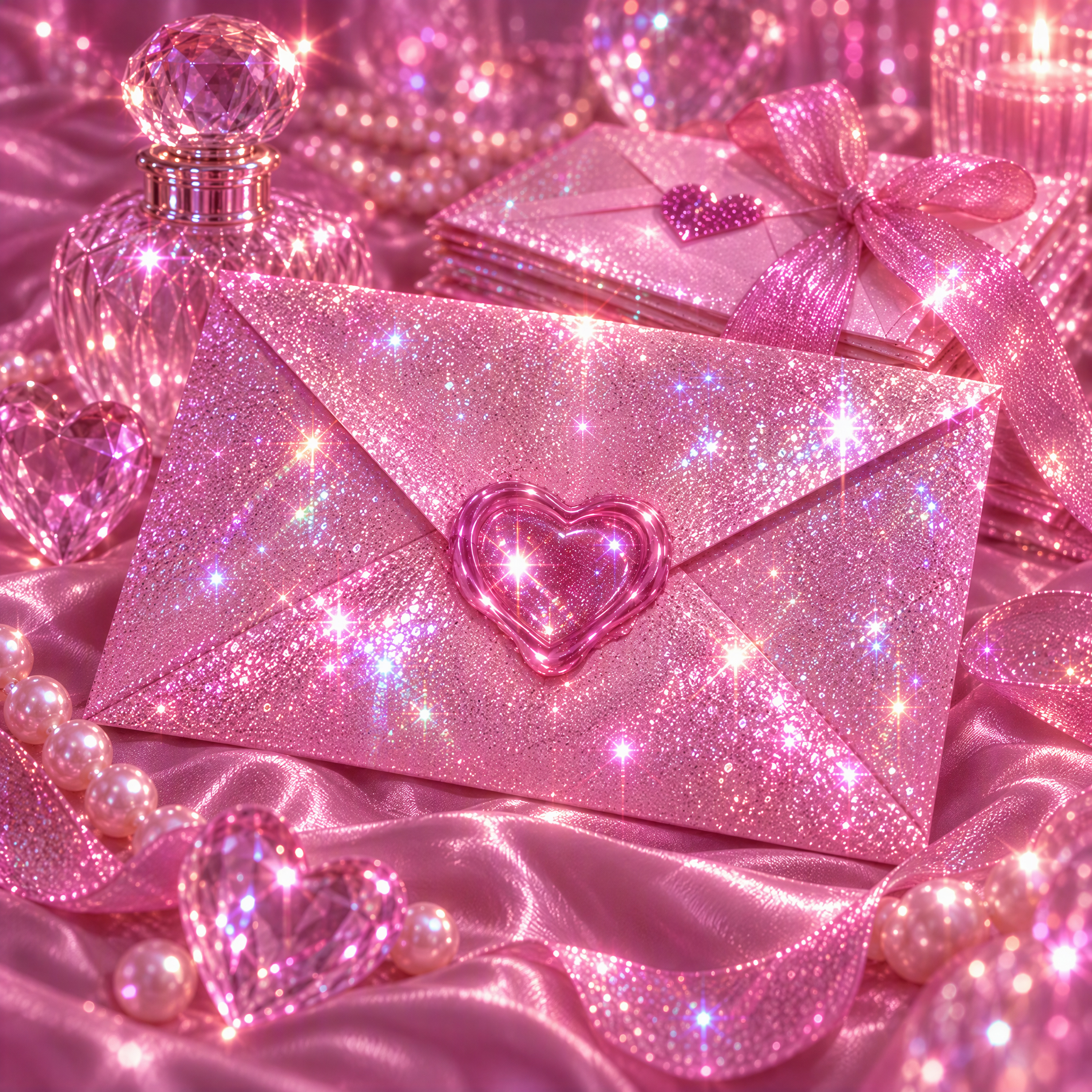 A heart-sealed pink glitter envelope on rose satin with pearls and faceted glass.