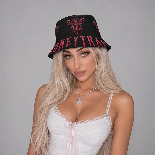 Honeytrap Bee Court Reversible Bucket Hat on model