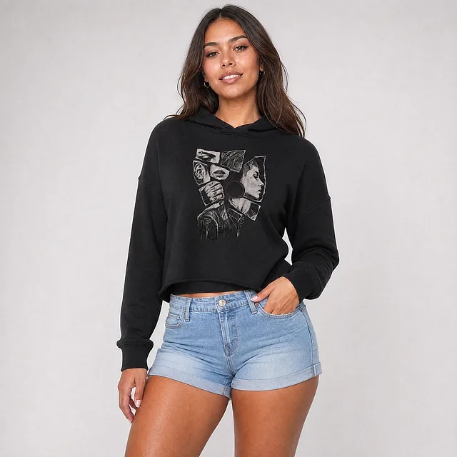 MISSING FROM THE PICTURE Cropped Hoodie on model