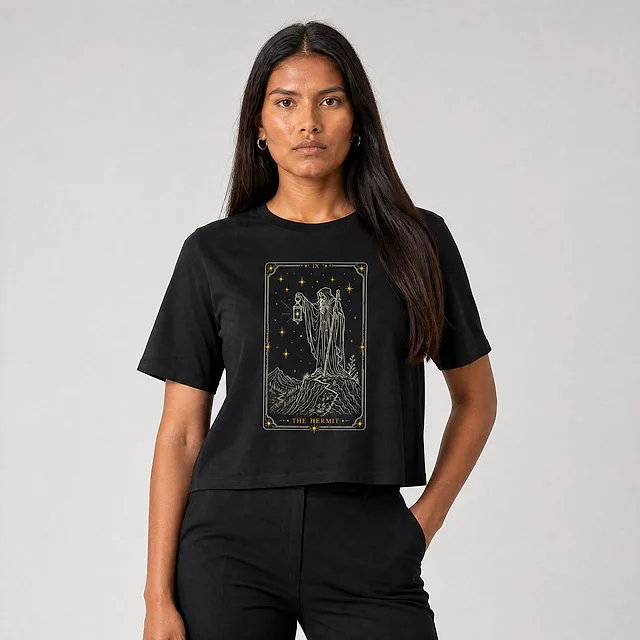 The Hermit Tarot Crop Top on model