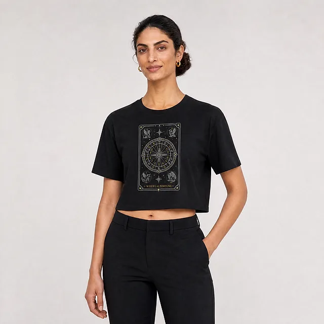 Wheel of Fortune Tarot Crop Top on model