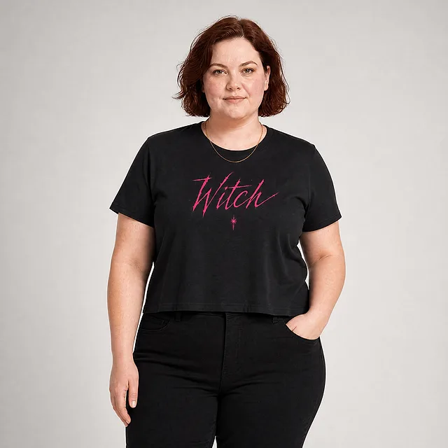 Witch Gothic Script Baby Tee on model