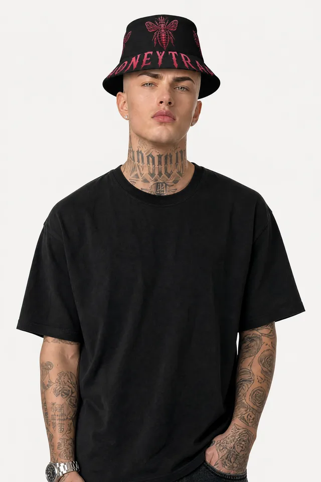 Honeytrap Bee Court Reversible Bucket Hat on model