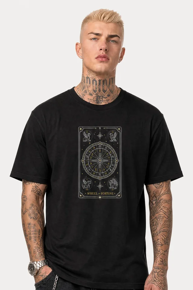 Wheel of Fortune Tarot Tee on model
