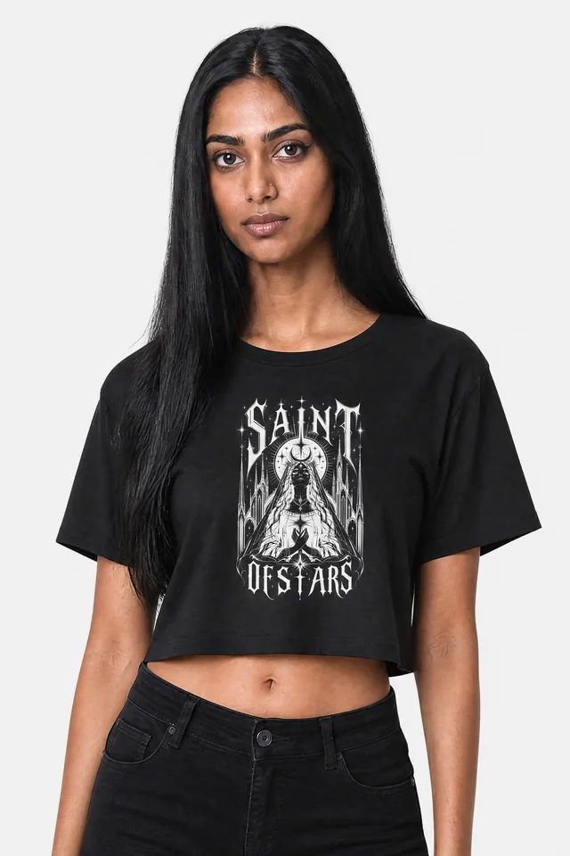 Veiled Prayer Crop Top on model