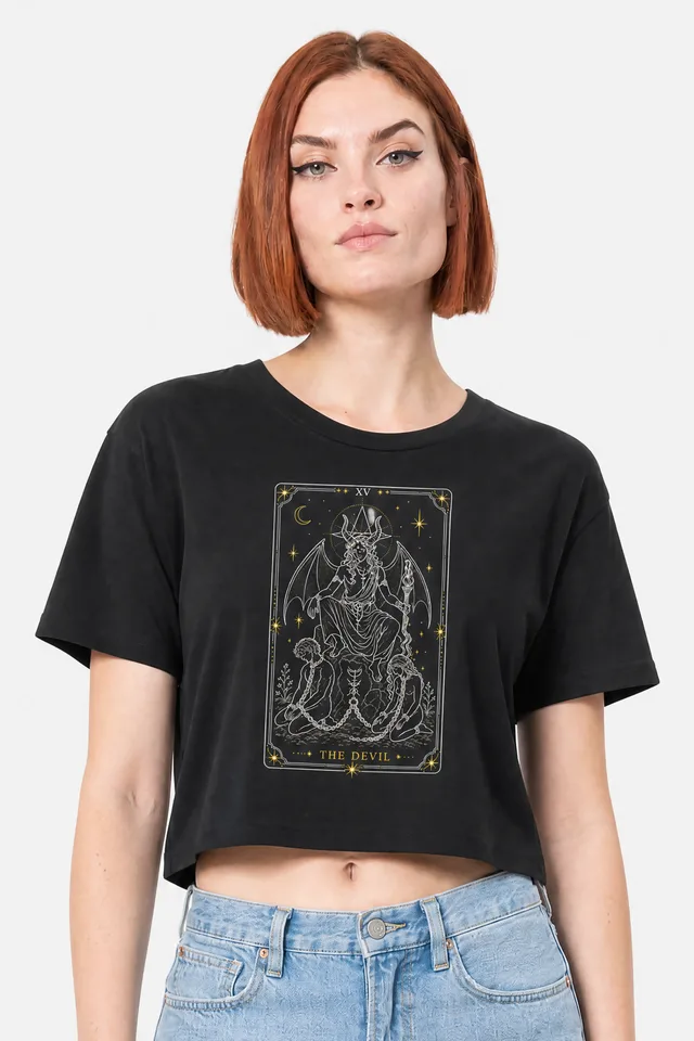 The Devil Tarot Crop Top on model