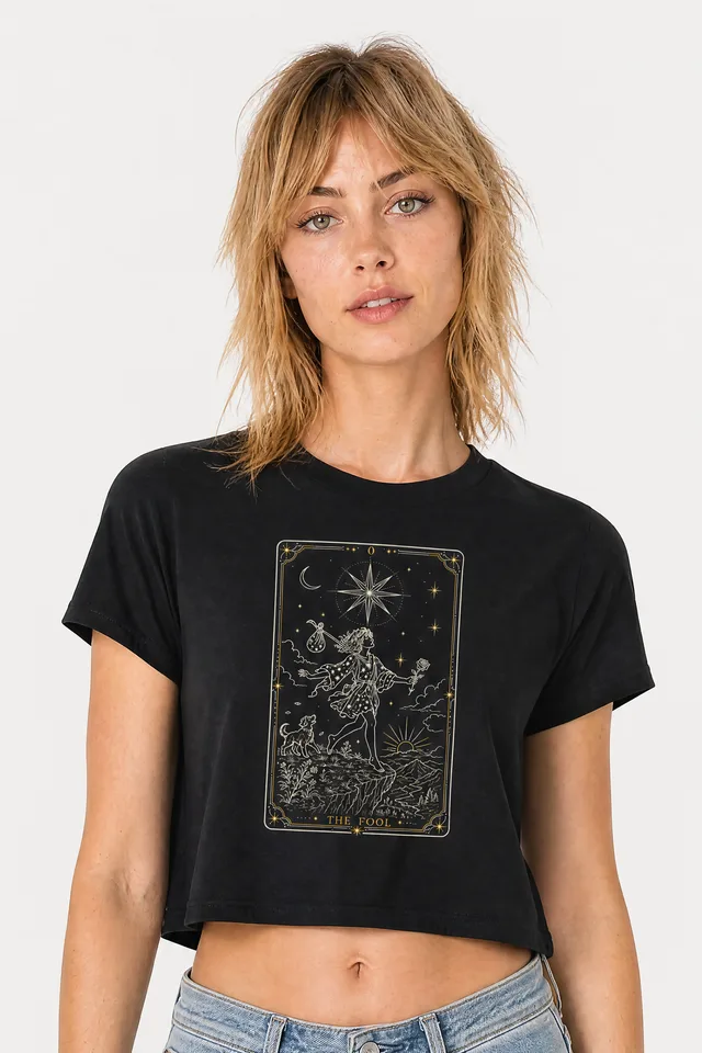 The Fool Tarot Crop Top on model