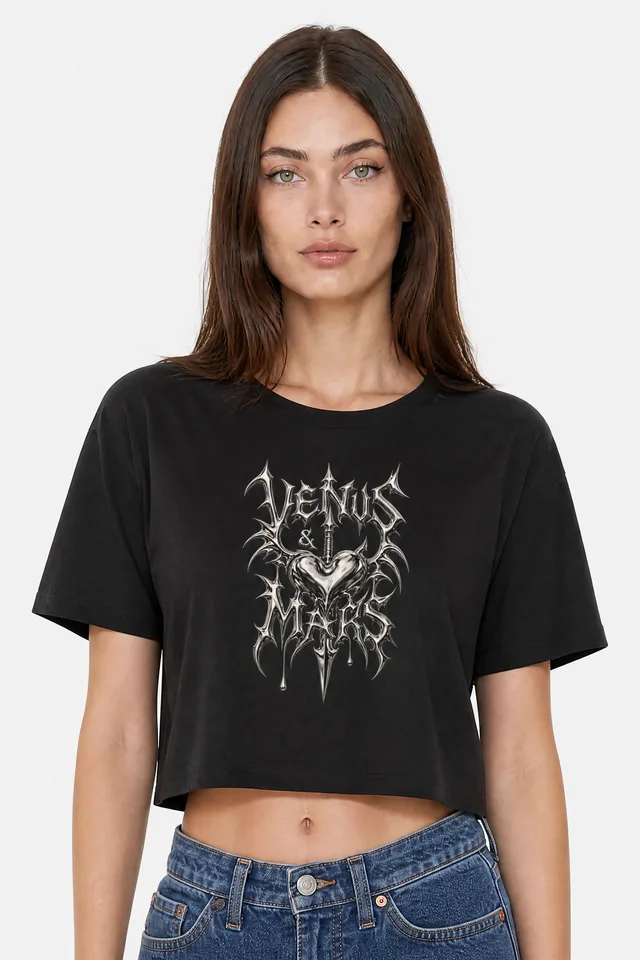 Metallic Gothic Crop Top on model