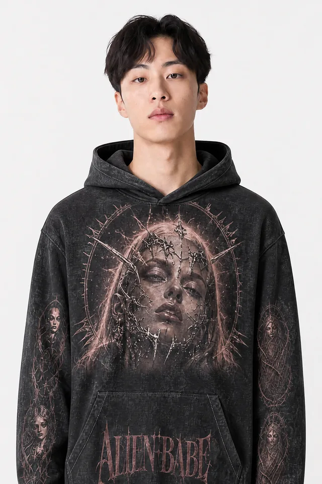 Veiled Madonna Oversized Cotton Hoodie on model